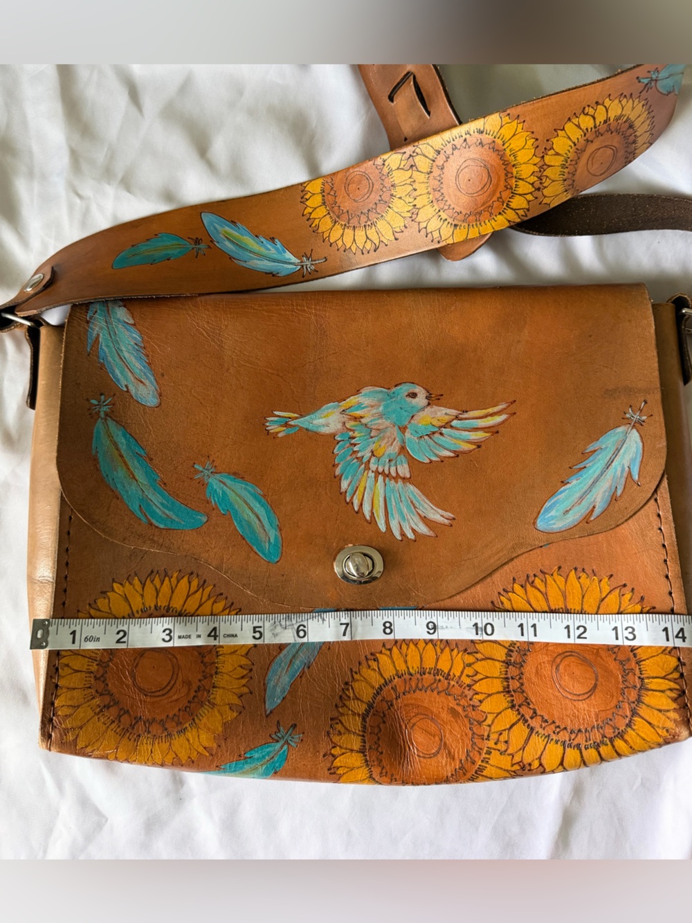 Moxie and Oliver Leather Crossbody Bag with Turquoise Bird & Sunflowers - Picture 15 of 16